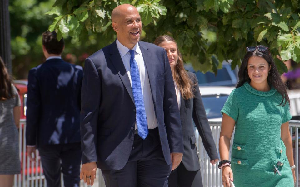 Sen. Cory Booker arrives at the Democratic Senatorial Campaign Committee on Capitol Hill