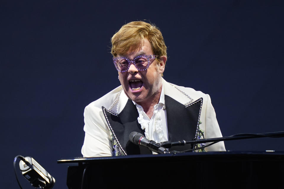 Elton John performs during his "Farewell Yellow Brick Road," tour, Friday, July 15, 2022, at Citizens Bank Park in Philadelphia. (AP Photo/Matt Rourke)