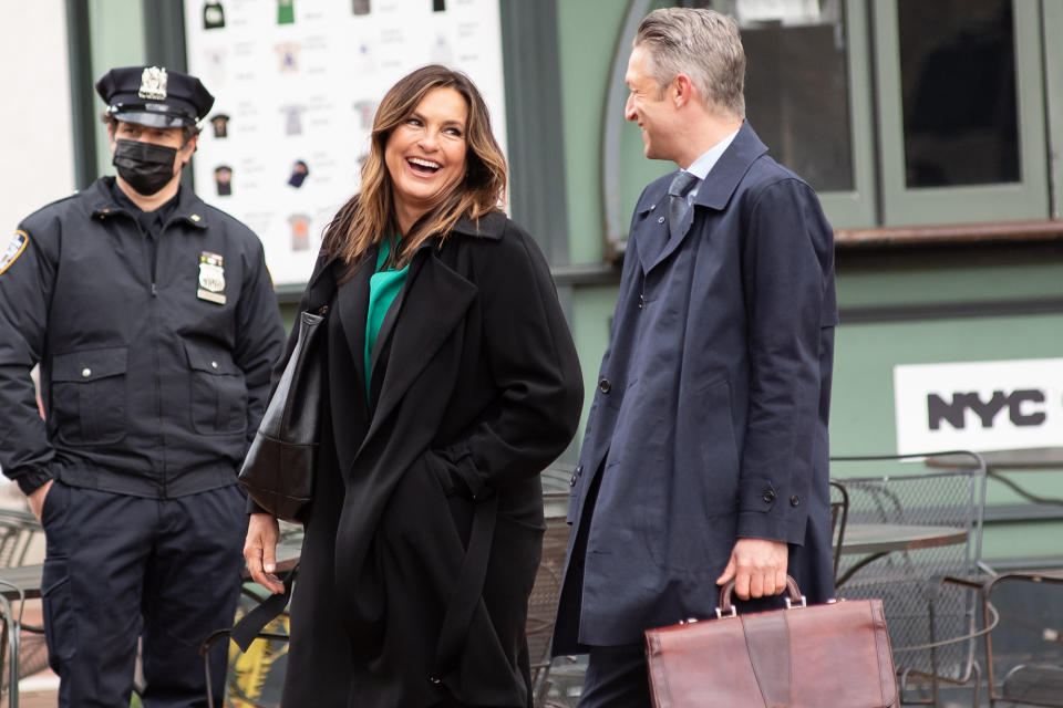 <p>Mariska Hargitay was seen filming <em>Law & Order: SVU</em> in New York City with costar Peter Scanavino.</p>