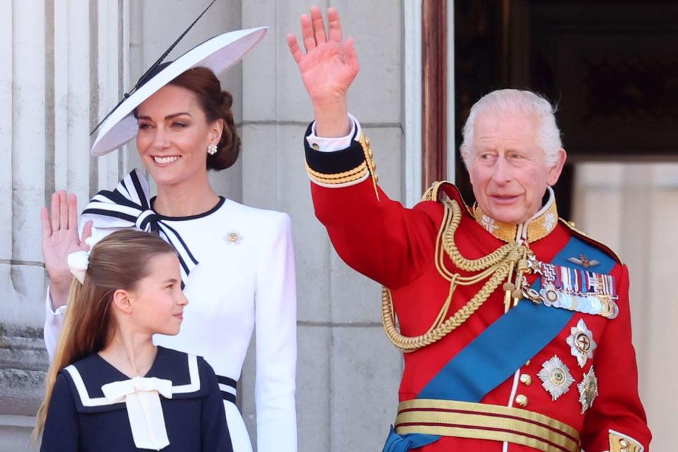 <p>Chris Jackson/Getty</p> Kate Middleton, Princess Charlotte and King Charles on the balcony of Buckingham Palace at Trooping the Colour on June 15, 2024.