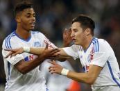 Olympique Marseille's Florian Thauvin (R) celebrates his goal against FC Nantes with teammate Mario Lemina during their French Ligue 1 soccer match at the Velodrome stadium in Marseille, November 28, 2014. REUTERS/Jean-Paul Pelissier