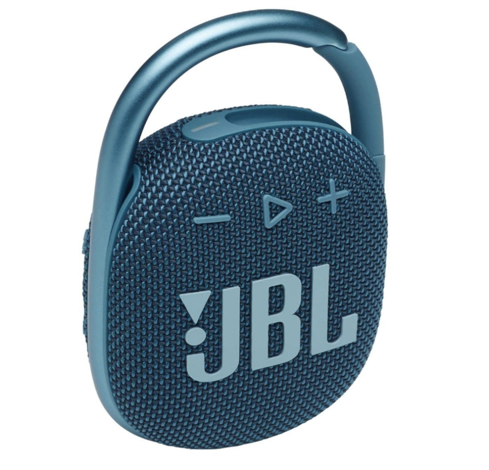 JBL Clip 4 Waterproof Portable Bluetooth Speaker in blue on white background (Photo via Amazon)