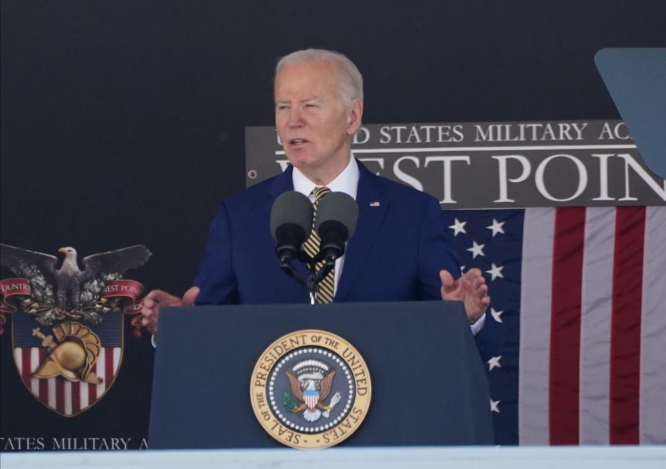 President Joseph R. Biden Jr. speaks at the 2024 Graduation and Commissioning Ceremony at the United States Military Academy at West Point, in Highland Falls, New York on Saturday, May 25, 2024.