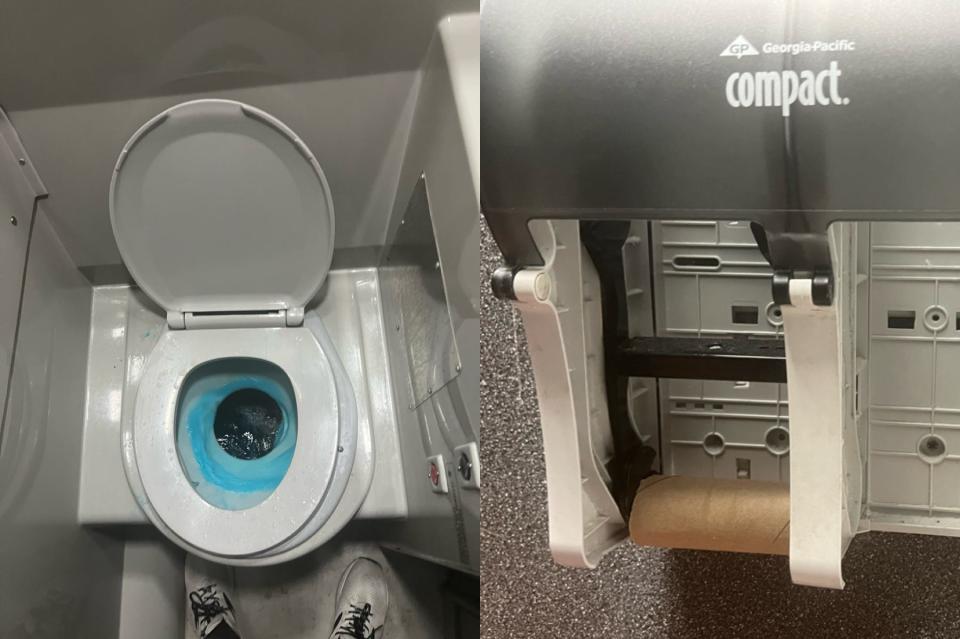 bathroom on greyhound bus, toilet (left), toilet paper roll (right)