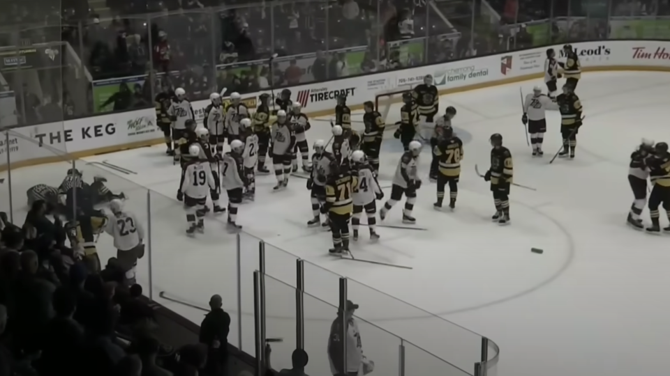 A big ol' brawl broke out between a pair of OHL teams over the weekend. (Photo via HockeyFights.com)