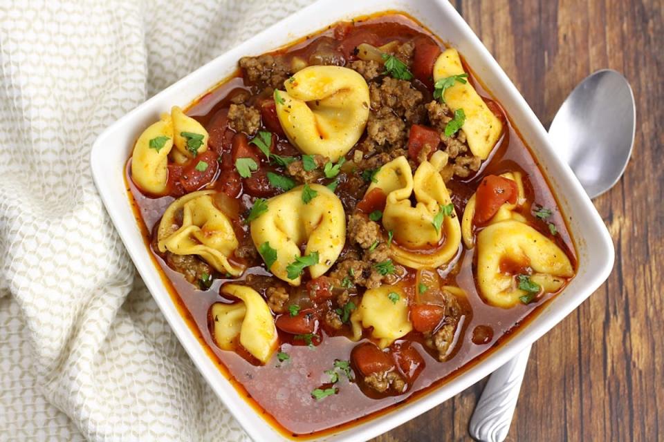 <p>The Toasty Kitchen</p><p>Climb into this bowl of brothy, beefy pasta soup bliss. </p><p><strong>Get the recipe: <a href="https://thetoastykitchen.com/one-pot-beef-tortellini-soup" rel="nofollow noopener" target="_blank" data-ylk="slk:One Pot Beef Tortellini Soup;elm:context_link;itc:0;sec:content-canvas" class="link ">One Pot Beef Tortellini Soup</a></strong></p>