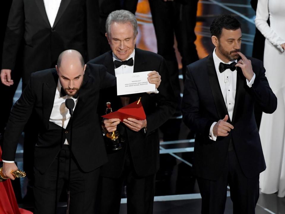 a La Land' producer Jordan Horowitz holds up the winner card reading actual Best Picture winner 'Moonlight' after a presentation error uring the 89th Annual Academy Awards at Hollywood & Highland Center on February 26, 2017 in Hollywood, California.