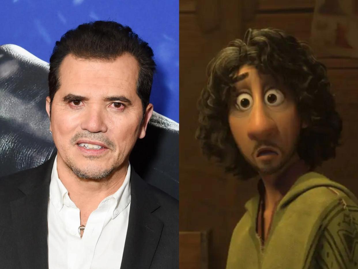 left: john leguizamo, smiling while wearing a white shirt unbuttoned at the collar and a black blazer; right: bruno in encanto, a man with soft curly hair and facial hair looking surprised