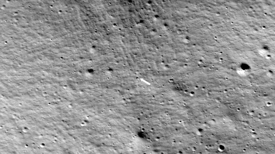 NASA's Lunar Reconnaissance Orbiter captured this image of the Intuitive Machines Nova-C lander, also called Odysseus, Odie or IM-1, on the moon's surface on February 24 at 1:57 p.m. ET. - NASA/Goddard/Arizona State University