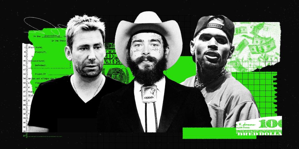 Chad Kroeger, Post Malone, and Chris Brown photo collage