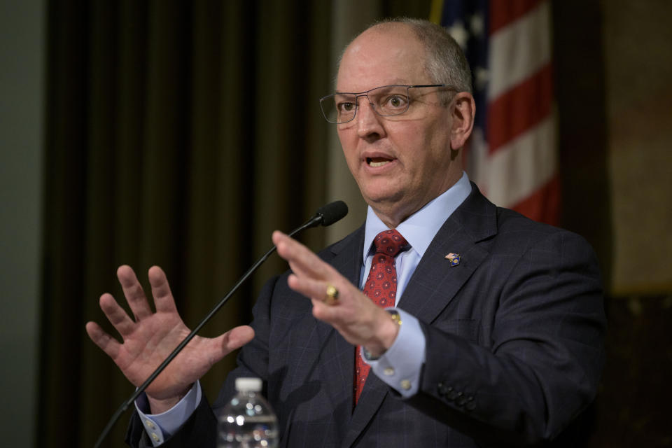 FILE - Louisiana Gov. John Bel Edwards speaks during a news conference in Baton Rouge, La., on Feb. 1, 2022. Louisiana’s legislative leaders are asking for at least 10 more days to comply with a federal judge’s order to redraw congressional districts by June 20, 2022, so two have Black majorities. (AP Photo/Matthew Hinton, File)