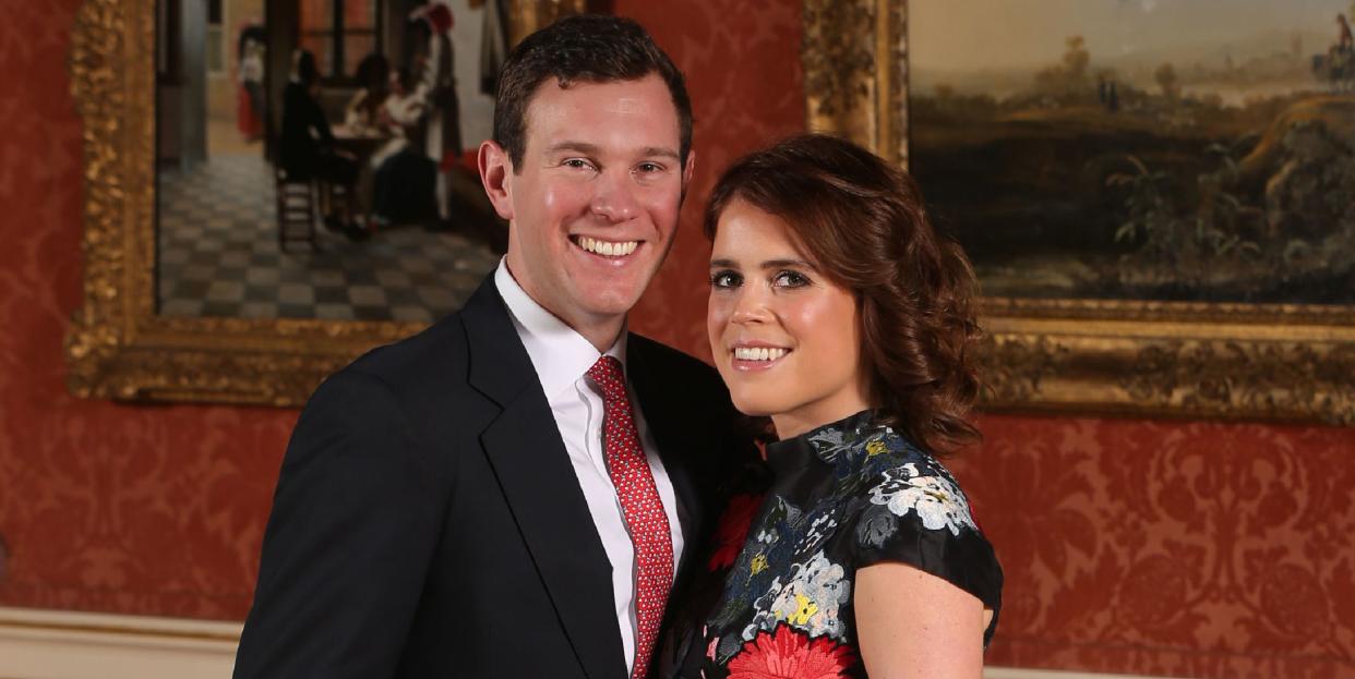 britains princess eugenie of york r poses with her fiance jack brooksbank in the picture gallery at buckingham palace in london on january 22, 2018, after the announcement of their engagement britains princess eugenie of york wears a dress by erdem, shoes by jimmy choo and a ring containing a padparadscha sapphire surrounded by diamonds britains princess eugenie of york has got engaged, buckingham palace announced january 22, 2018, lining up a second royal wedding this year at the church where prince harry will tie the knot photo by jonathan brady pool afp photo credit should read jonathan bradyafp via getty images