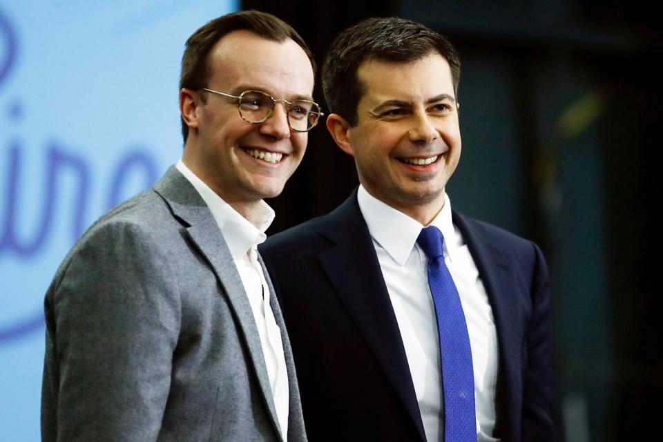 Mayor Pete Buttigieg, right, and his husband Chasten Buttigieg acknowledge the audience at the end of a campaign event, in Milford, N.H Election 2020 Pete Buttigieg, Milford, USA - 10 Feb 2020
