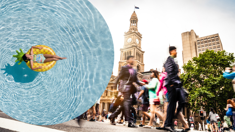 Pictured: Australians walking in busy Australian street, person relaxing in pool on long weekend. Images: Getty