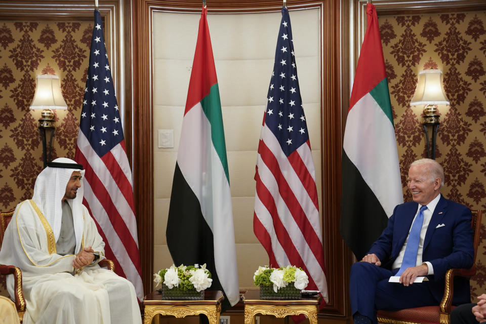 President Joe Biden meets with Abu Dhabi's Crown Prince Mohammed bin Zayed Al Nahyan Saturday, July 16, 2022, in Jeddah, Saudi Arabia. (AP Photo/Evan Vucci)