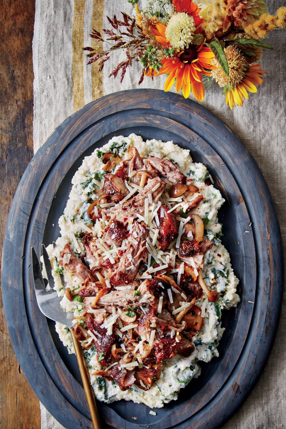 Italian-Style Grits and Greens with Pulled Pork and Mushrooms