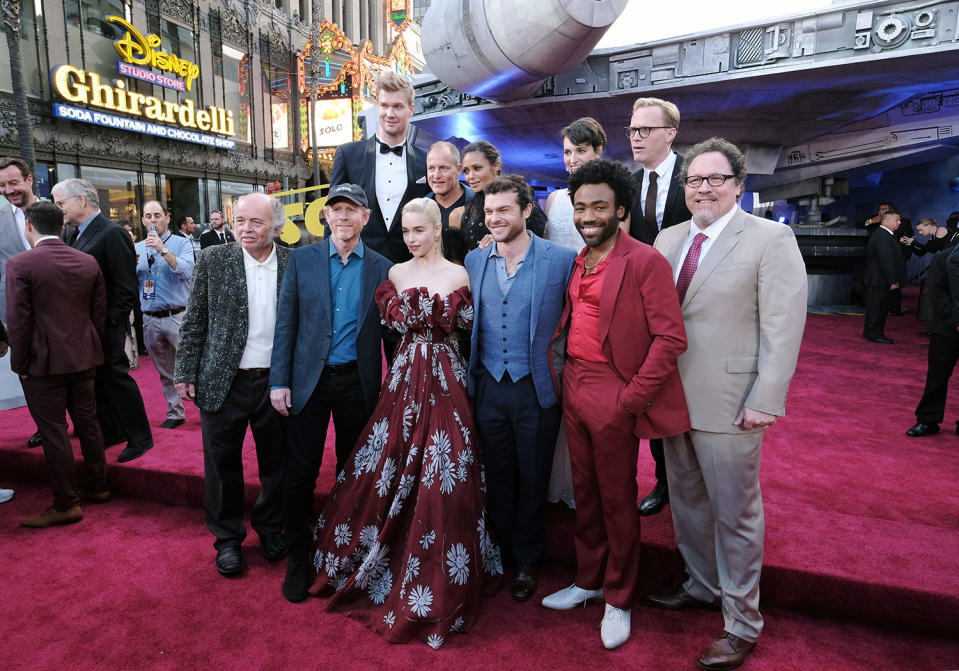 <p>(Back Row) Joonas Suotamo, Woody Harrelson, Thandie Newton, Phoebe Waller-Bridge, Paul Bettany, (Front Row) Clint Howard, Ron Howard, Emilia Clarke, Alden Enrenreich, Donald Glover, Jon Favreau attend the world premiere of “Solo: A Star Wars Story” in Hollywood on May 10, 2018..(Photo: Alex J. Berliner/ABImages). </p>