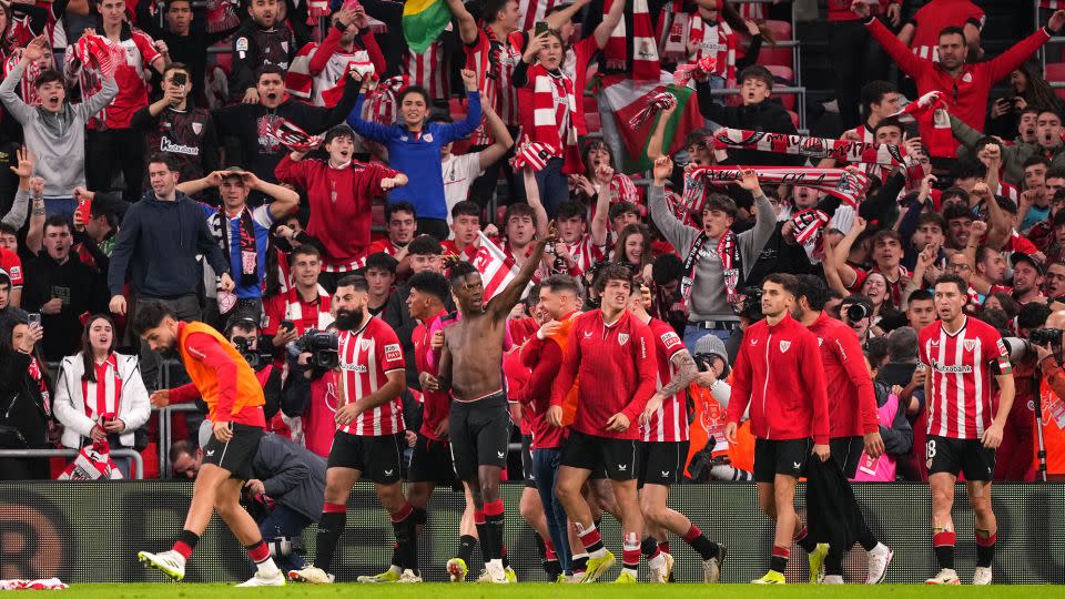 Nico Williams celebrates with his teammates after scoring Bilbao's fourth. - Juan Manuel Serrano Arce/Getty Images