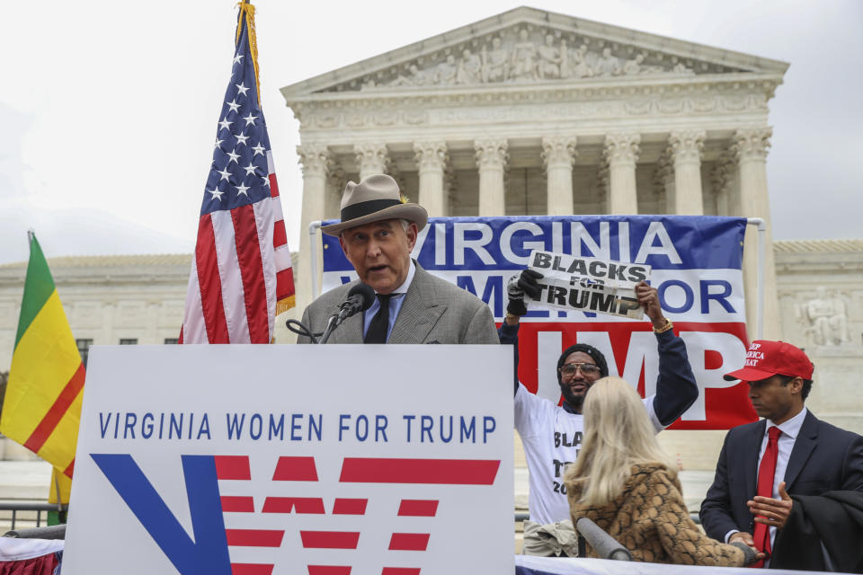 Roger Stone, former advisor to President Donald Trump, speaks in front of the Supreme Court on January 05, 2021 in Washington, DC. (Tasos Katopodis/Getty Images)