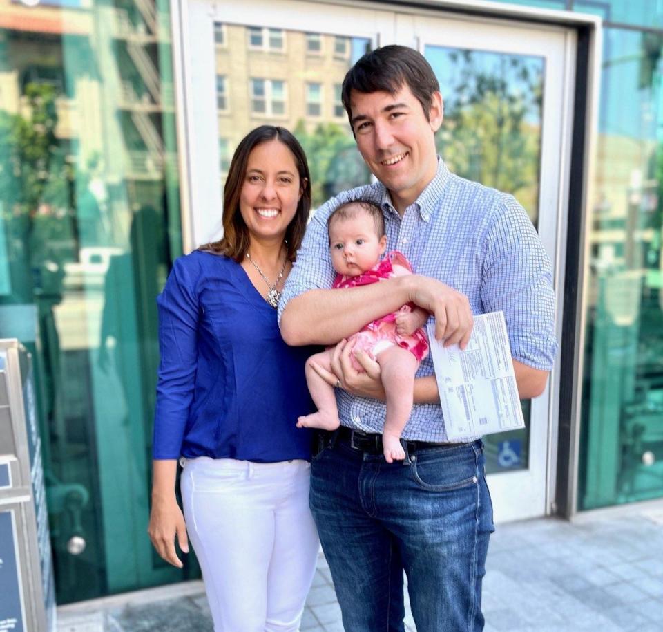 Rep. Josh Harder, Pam Harder, and their daughter Lily at the San Joaquin County Administration Building turning in primary ballots on Monday, June 6, 2022. Harder is running to represent California's 9th District in Congress.