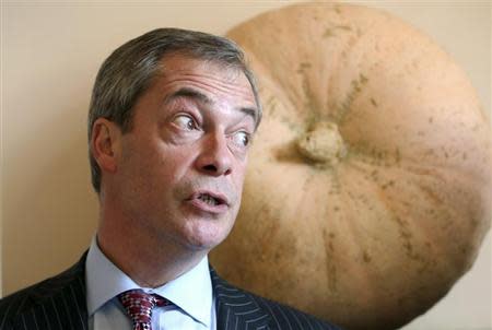 Britain's UK Independence Party (UKIP) leader and member of the European Parliament (MEP) Nigel Farage speaks during an interview with Reuters in Brussels February 12, 2014. REUTERS/Francois Lenoir