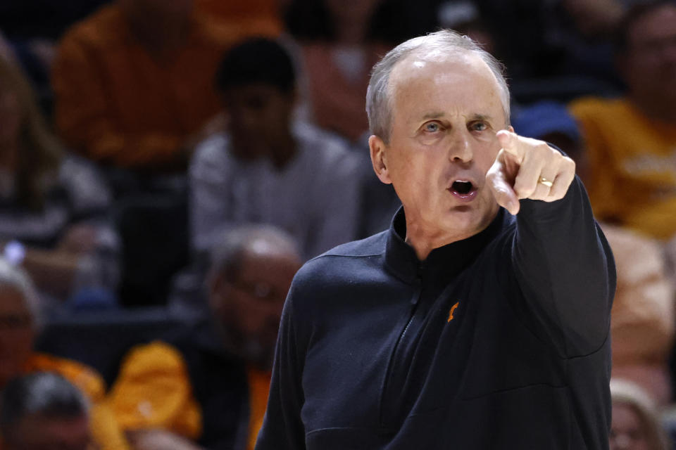 Tennessee coach Rick Barnes yells to players during the second half of the team's NCAA college basketball game against South Carolina, Saturday, Feb. 25, 2023, in Knoxville, Tenn. (AP Photo/Wade Payne)