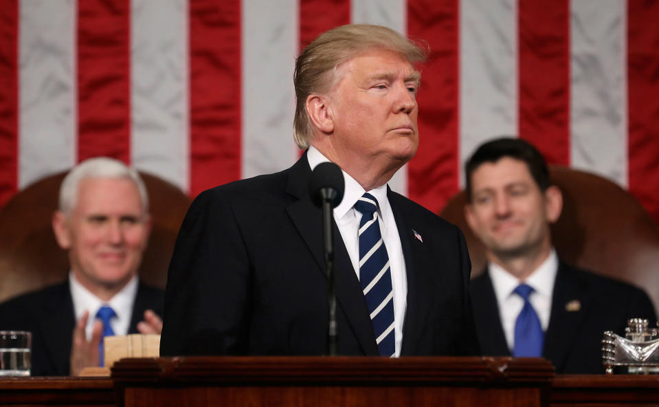 <p>President Donald Trump addresses a joint session of Congress on Capitol Hill in Washington, Tuesday, Feb. 28, 2017. Vice President Mike Pence and House Speaker Paul Ryan of Wis. listen. (Jim Lo Scalzo/Pool Image via AP) </p>