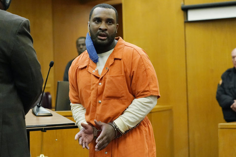 Marquis Aaron Flowers, 28, addresses the family members, unseen, of the two Brookhaven police officers he killed in 2018, in a Lincoln County Circuit Court moments after pleading guilty to first degree murder in their deaths, Wednesday morning, Nov. 3, 2021, in Brookhaven, Miss. (AP Photo/Rogelio V. Solis)