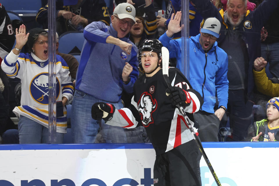 Buffalo Sabres right wing JJ Peterka (77) celebrates his goal against the Ottawa Senators during the first period of an NHL hockey game Thursday, Jan. 11, 2024, in Buffalo, N.Y. (AP Photo/Jeffrey T. Barnes)