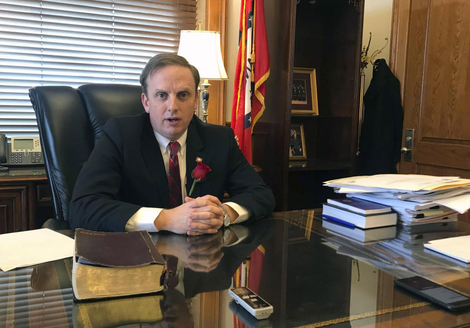 FILE - In this Jan. 14, 2019 file photo, Arkansas House Speaker Matthew Shepherd speaks to reporters at his office in the state Capitol in Little Rock, Ark., Speaker Shepard says he told state Rep. Mickey Gates who pleaded no contest to not paying state income taxes that it would be in everyone's best interests if he resigned. Speaker Shepherd said Thursday Aug. 1, 2019, that he told state Rep. Gates he would resign if he was in Gates' position. Shepherd also wouldn't rule out seeking Gates' removal if he doesn't leave voluntarily. (AP Photo/Andrew Demillo File)