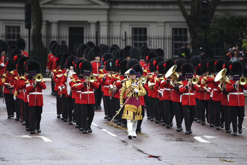 Members of the armed forces march along The Mall ahead of the State Opening of Parliament ceremony in London, Monday, Oct. 14, 2019. (AP Photo/Alberto Pezzali)