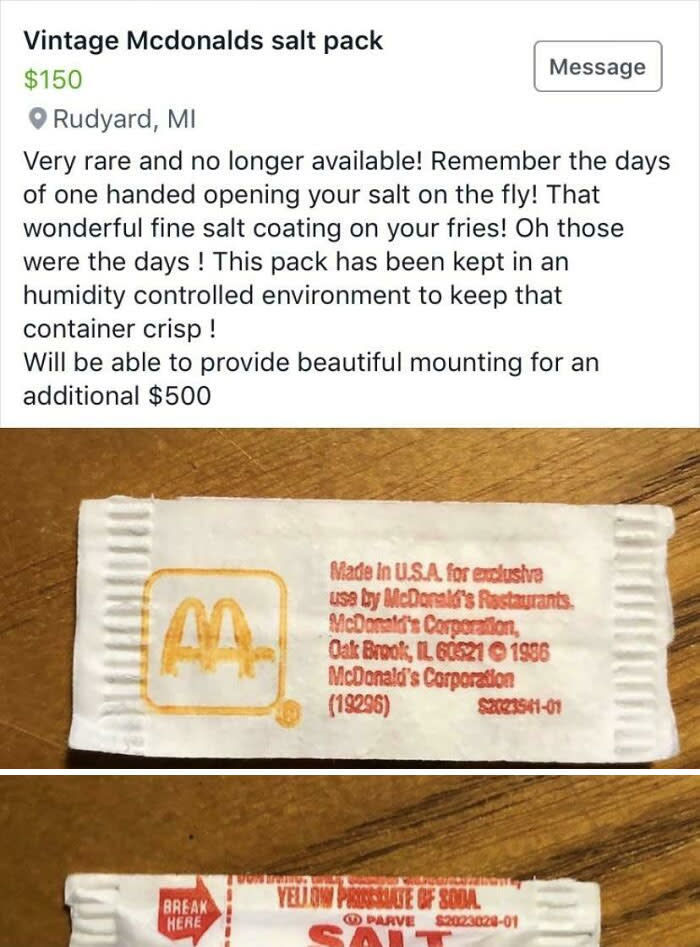 Vintage McDonald's salt packet listing: Seller describes it as rare, with nostalgic air-tight packaging. Asking price is $150, with an optional $500 mounting service