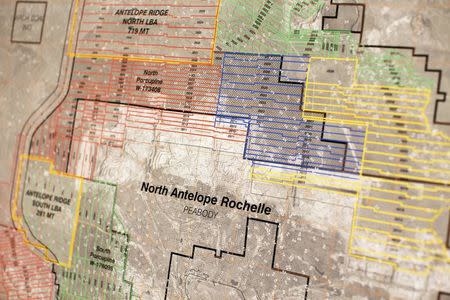 A map shows tracts of land that will be mined through 2030. The map is seen during a tour of Peabody Energy's North Antelope Rochelle coal mine near Gillette, Wyoming, U.S. June 1, 2016. REUTERS/Kristina Barker