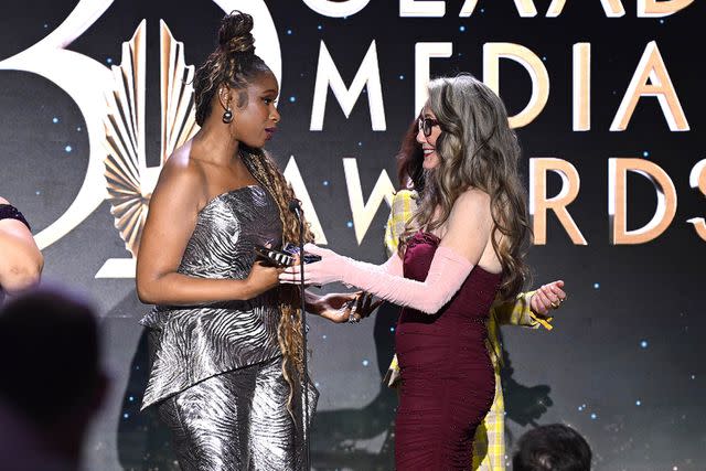 <p>Bryan Bedder/Getty</p> Jennifer Hudson and Mary McDonnell appear onstage during the 35th Annual GLAAD Media Awards New York on May 11, 2024 in New York City.