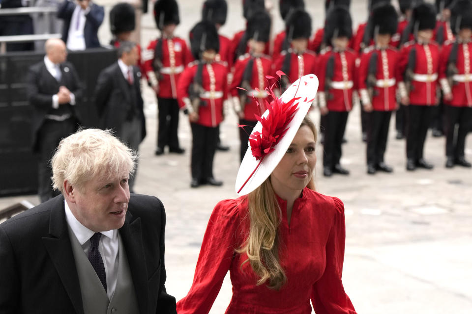 Prime Minister Boris Johnson and his wife Carrie Johnson arriving for the National Service of Thanksgiving at St Paul's Cathedral, London, on day two of the Platinum Jubilee celebrations for Queen Elizabeth II. Picture date: Friday June 3, 2022.