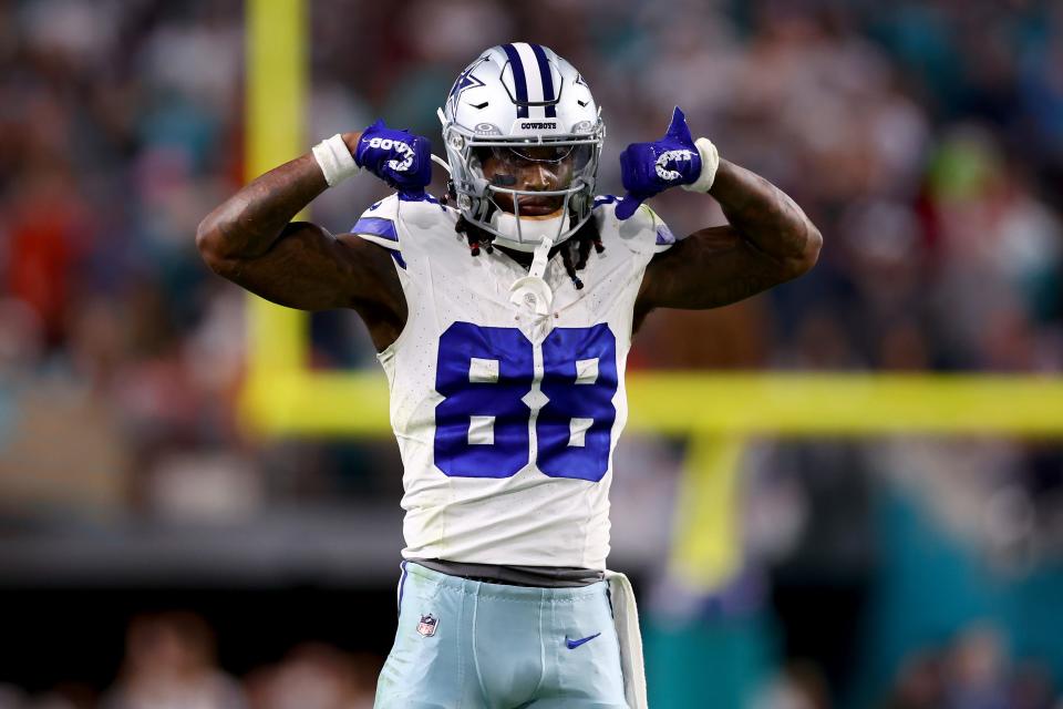 CeeDee Lamb #88 of the Dallas Cowboys reacts after a first down during the fourth quarter in the game against the Miami Dolphins at Hard Rock Stadium on December 24, 2023 in Miami Gardens, Florida.