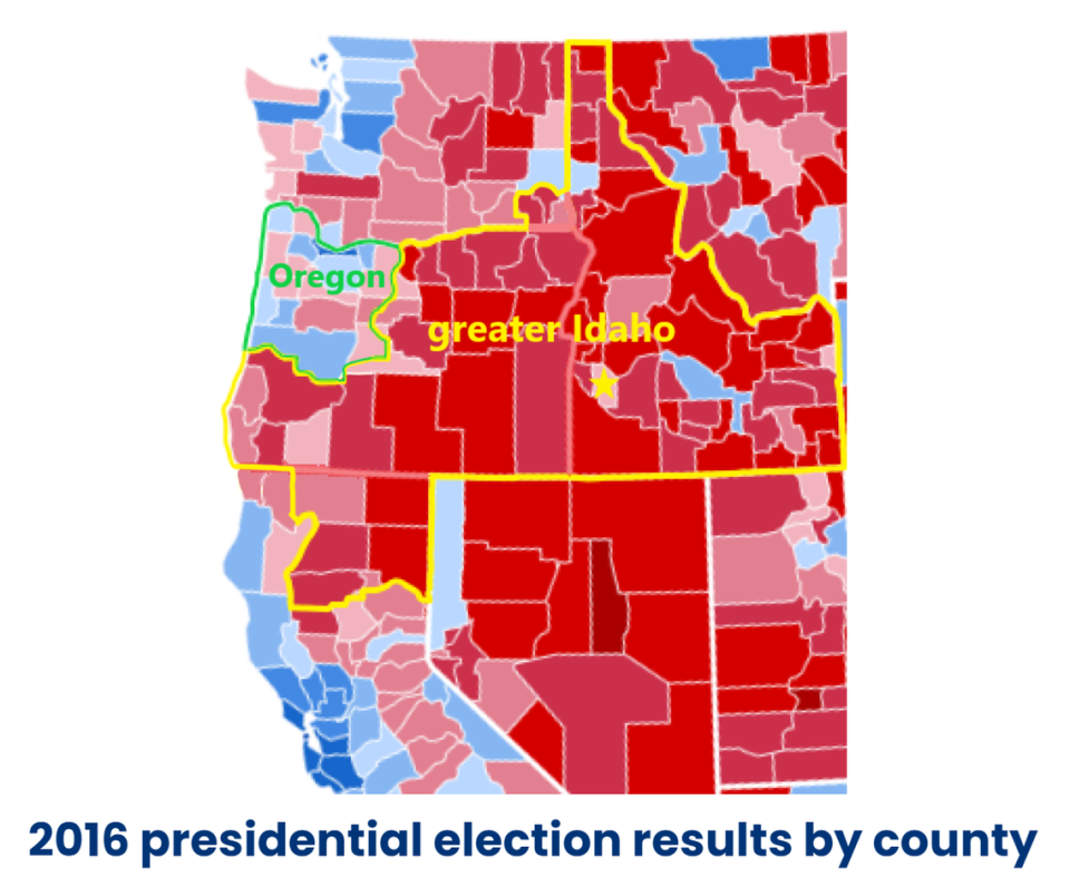 The movement references the 2016 presidential election results as to its reasoning why it wants to extend Idaho’s borders into Oregon and California, allowing more people to live in a state that aligns with their beliefs.