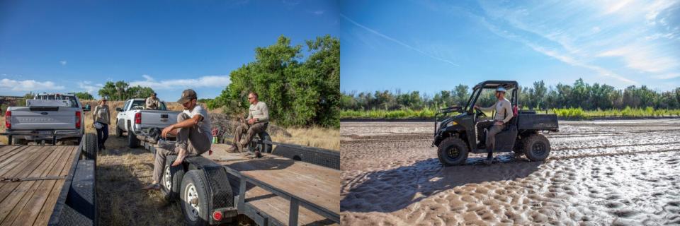 Four team members, left, at the U.S. Fish and Wildlife service pull on their shoes before a fish rescue. Mallory Boro, Lyle Thomas, Keegan Epping and Thomas Archdeacon often work extended hours in the heat to comb through more than 18 miles of riverbed that can dry nearly overnight. Archdeacon, right, has led the silvery minnow program at U.S. Fish and Wildlife for the past decade.