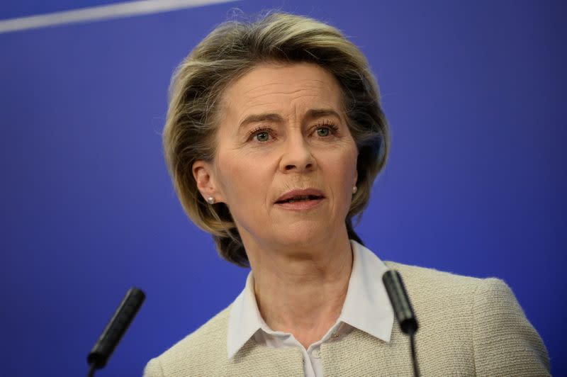 Commission President Ursula von der Leyen speaks during a news conference in Brussels