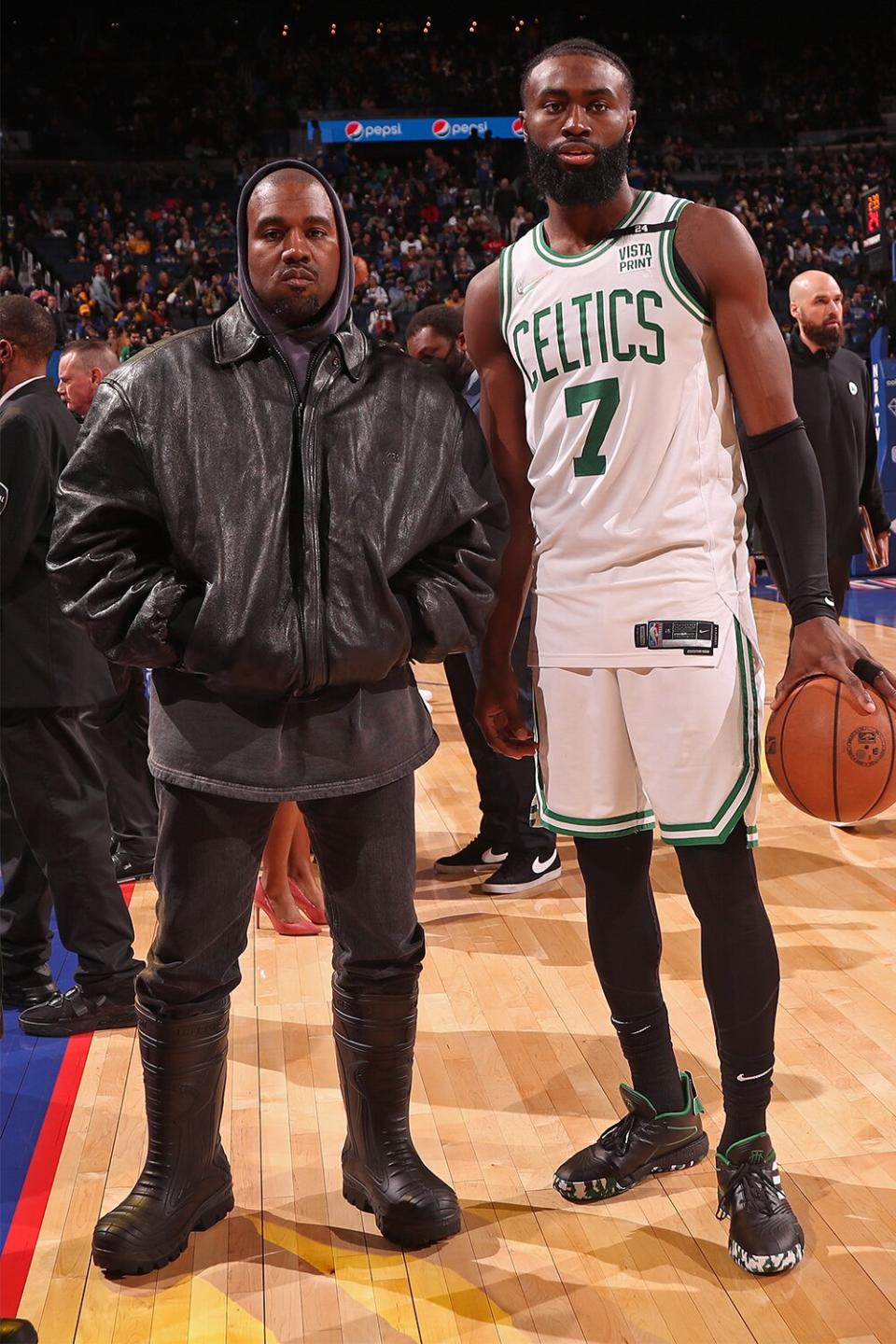 SAN FRANCISCO, CA - MARCH 16: Rapper, Kanye West poses for a photo with Jaylen Brown #7 of the Boston Celtics after the game against the Golden State Warriors on MARCH 16, 2022 at Chase Center in San Francisco, California. NOTE TO USER: User expressly acknowledges and agrees that, by downloading and or using this photograph, user is consenting to the terms and conditions of Getty Images License Agreement. Mandatory Copyright Notice: Copyright 2022 NBAE (Photo by Jed Jacobsohn/NBAE via Getty Images)