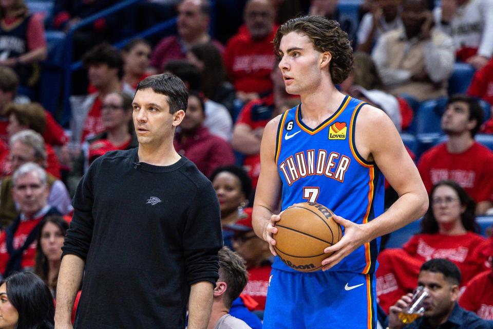 Apr 12, 2023; New Orleans, Louisiana, USA; Oklahoma City Thunder head coach Mark Daigneault talks to guard Josh Giddey (3) during the second half against the New Orleans Pelicans at Smoothie King Center. Mandatory Credit: Stephen Lew-USA TODAY Sports