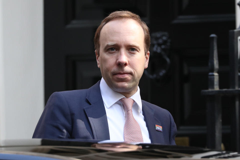 Health and Social Care Secretary Matt Hancock leaves Downing Street, London.