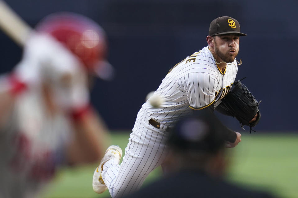 San Diego Padres starting pitcher Joe Musgrove works against a Philadelphia Phillies batter during the first inning of a baseball game Thursday, June 23, 2022, in San Diego. (AP Photo/Gregory Bull)