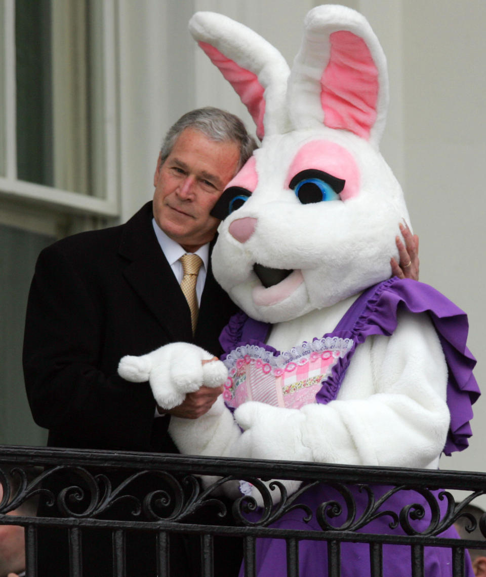 President George W. Bush hugs&nbsp;the Easter Bunny&nbsp;during the annual Easter Egg Roll on the South Lawn of the White House on March 24, 2008.