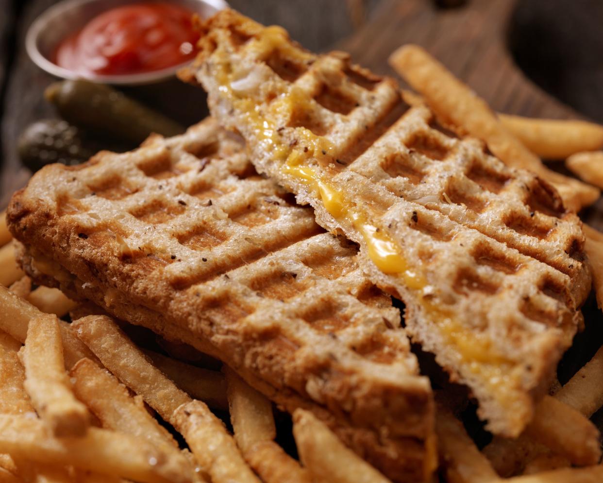 waffle iron grilled cheese sandwich with fries