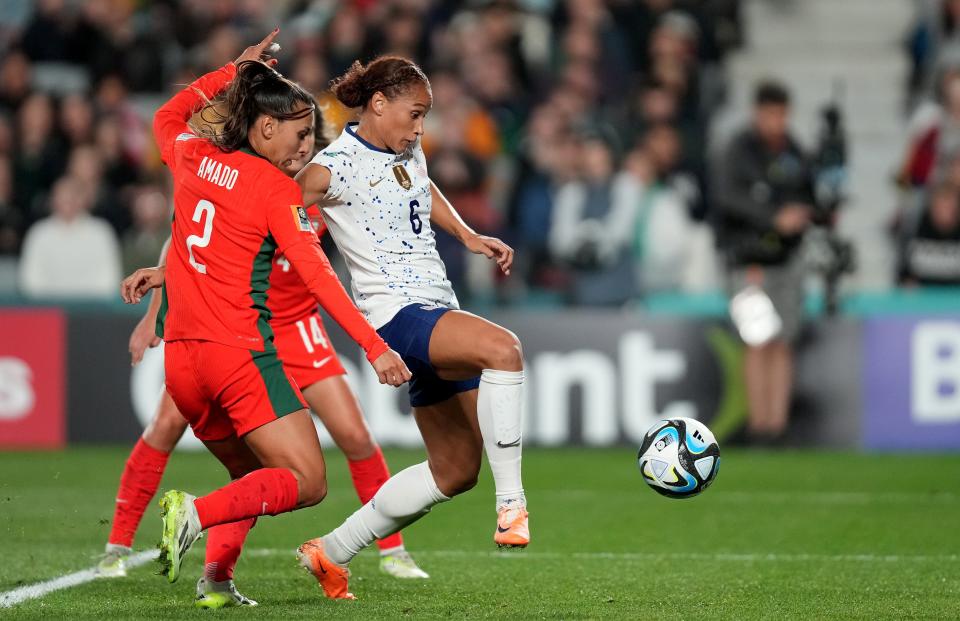 United States forward Lynn Williams (6) shoots against Portugal defender Catarina Amado (2) during the first half a group stage match of the 2023 FIFA Women's World Cup in Auckland, New Zealand on Aug. 1, 2023.