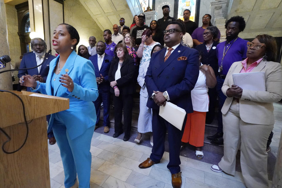 Mississippi State Rep. Zakiya Summers, D-Jackson, speaks to reporters following a hearing where a group of legislators heard about the difficulties that some former felons face in regaining their right to vote, Wednesday, April 17, 2024, at the Mississippi Capitol in Jackson. (AP Photo/Rogelio V. Solis)