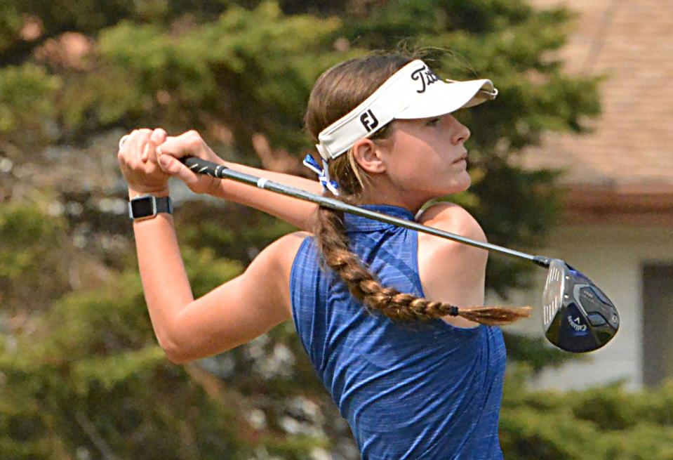 Aberdeen Central's Kyley Wirebaugh follows through on her tee shot on No. 9 Yellow during the Eastern South Dakota Conference girls golf tournament on Tuesday, May 23, 2023 at Cattail Crossing Golf Course in Watertown.