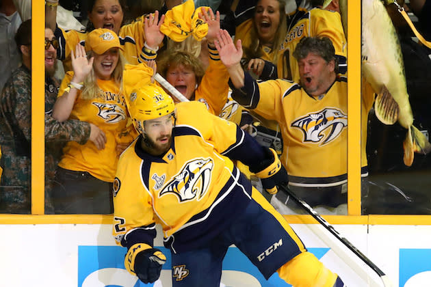 NASHVILLE, TN – JUNE 03: Frederick Gaudreau #32 of the Nashville Predators celebrates after scoring a second period goal against Matt Murray #30 of the Pittsburgh Penguins (not pictured) in Game Three of the 2017 NHL Stanley Cup Final at the Bridgestone Arena on June 3, 2017 in Nashville, Tennessee. (Photo by Bruce Bennett/Getty Images)