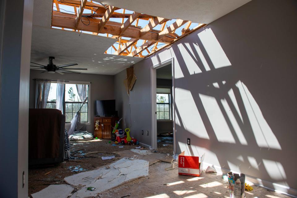 The inside of a tornado damaged home in Adamsville, Tenn. on Sunday, Apr. 2, 2023. McNairy County suffered a series of storms Friday night that totaled 72 houses and claimed 9 casualties. 